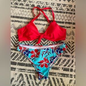 Red top with blue floral bottom swim suit from CupShe.